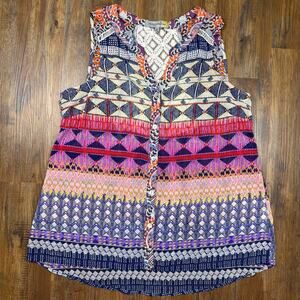 FIGUEROA & Flower XL sheet button down sleeveless blouse lace boho geometric